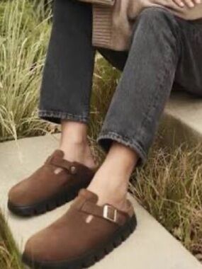 Birkenstock Papillio Dark Tea Suede Platform Clogs with Buckle